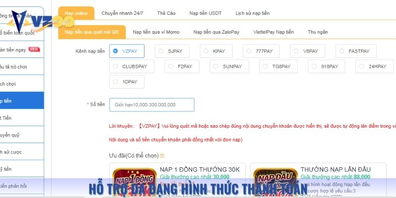 Hỗ trợ đa dạng: chuyển khoản, QR code, ví điện tử