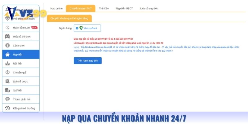 Hướng dẫn cách nạp vốn tại Vz99 qua chuyển khoản ngân hàng 24/7
